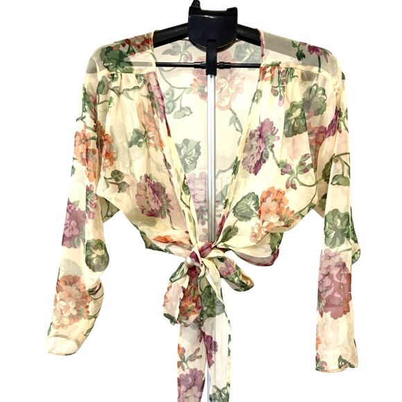 Rare VTG 80s Betsey Johnson Punk Label Sheer Floral Tie Front Blouse Shrug S